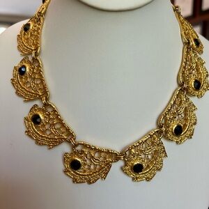 Gold Filigree Victorian Revival Necklace with Black Stone Accents